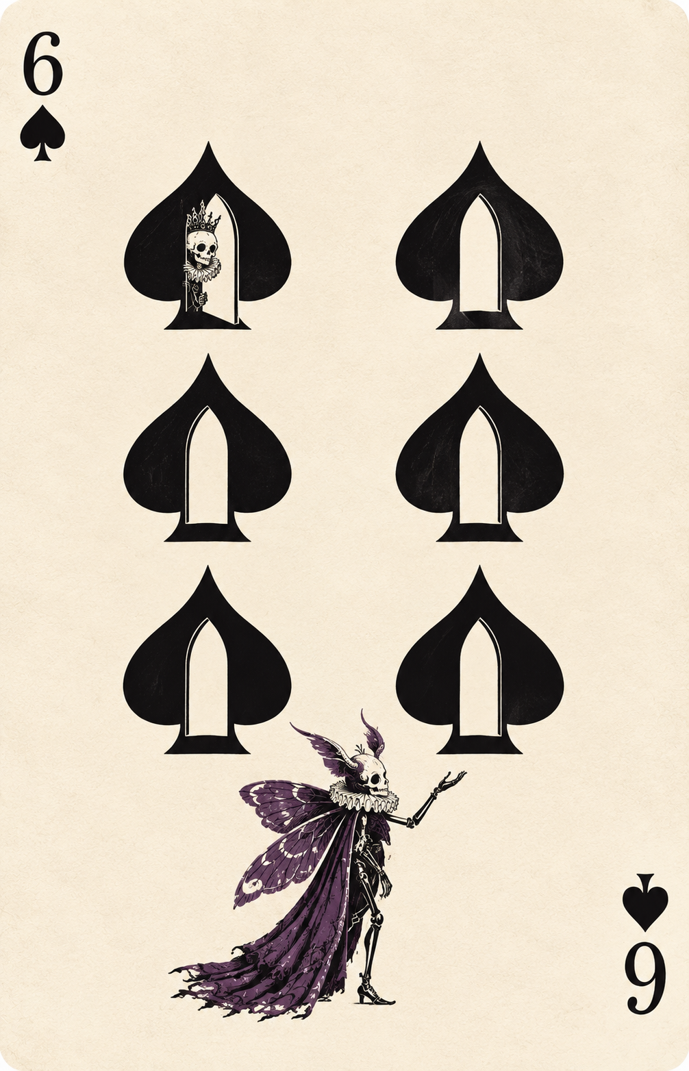 Six black spade doorways on ivory, with a small violet-winged skeletal PIXIE offering a choice.